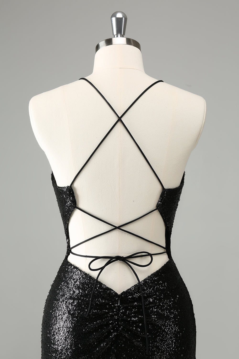 Stylish Glitter Black Sequins Tight Halter Cocktail Dress with Lace Up Back