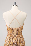 Sparkly Gold Tight Sequins V Neck Homecoming Dress with Fringes