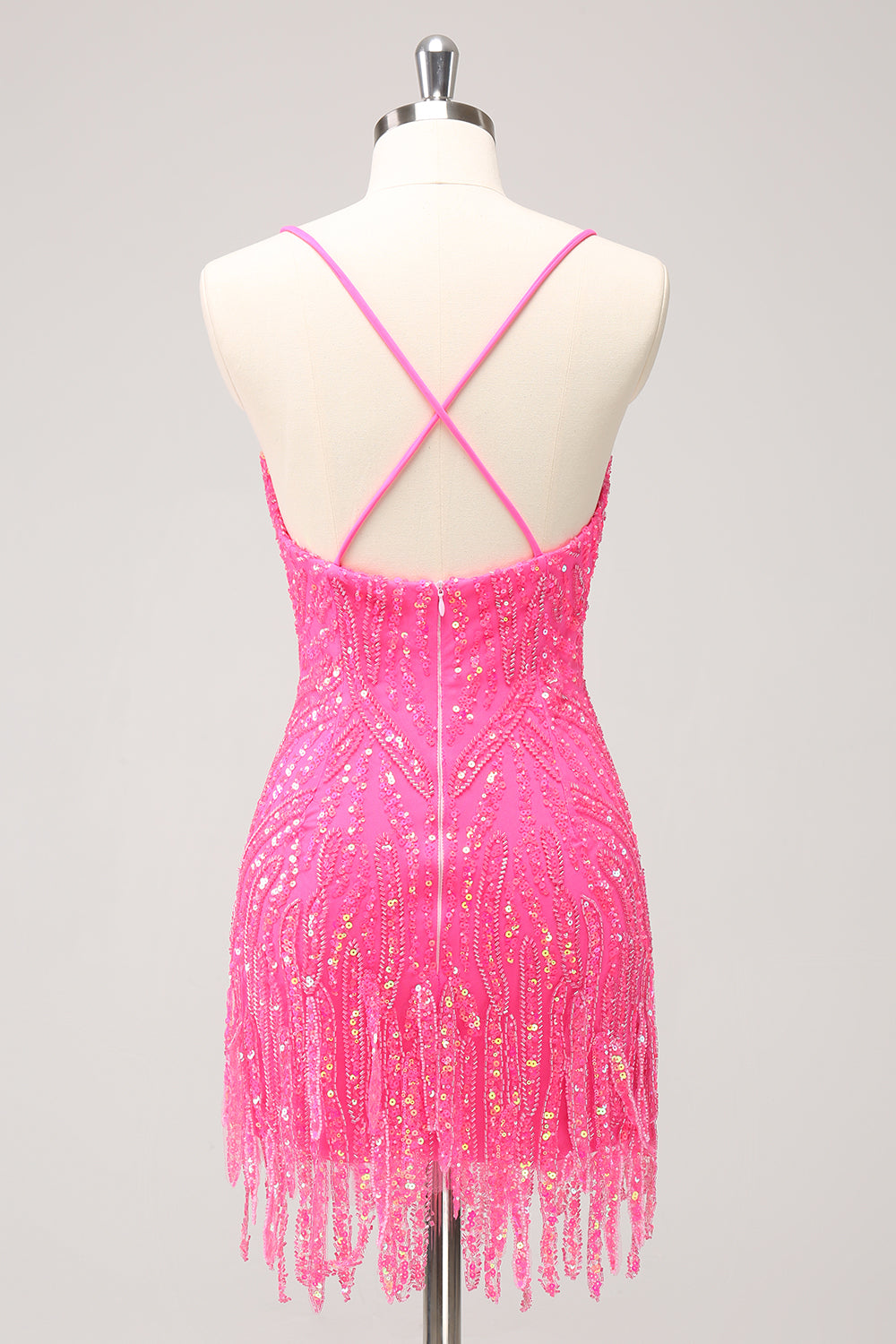 Sparkly Hot Pink Sequins V Neck Tight Cocktail Dress with Fringes