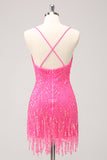 Sparkly Hot Pink Sequins V Neck Tight Cocktail Dress with Fringes