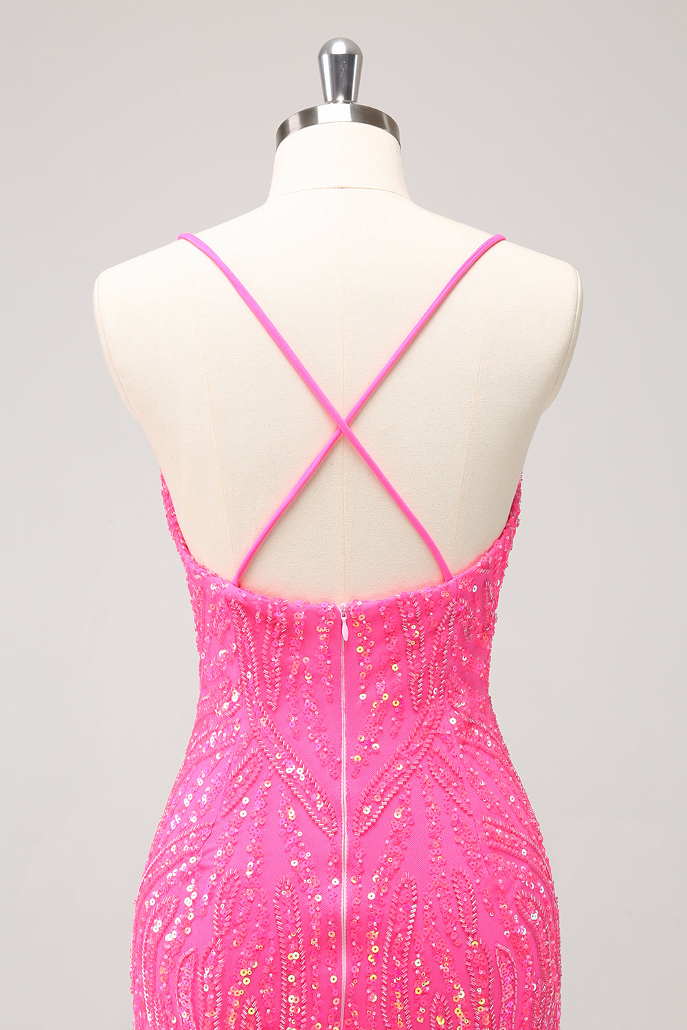 Sparkly Hot Pink Tight Sequins V Neck Cocktail Dress with Fringes