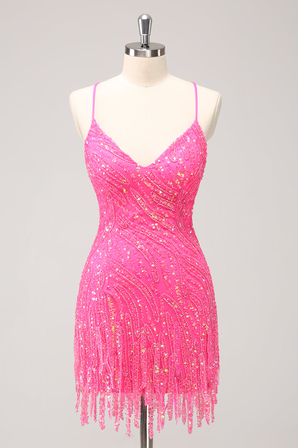 Sparkly Hot Pink Tight Sequins V Neck Cocktail Dress with Fringes