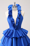 Royal Blue A-Line Halter Tiered Short Cocktail Dress with Ruffles