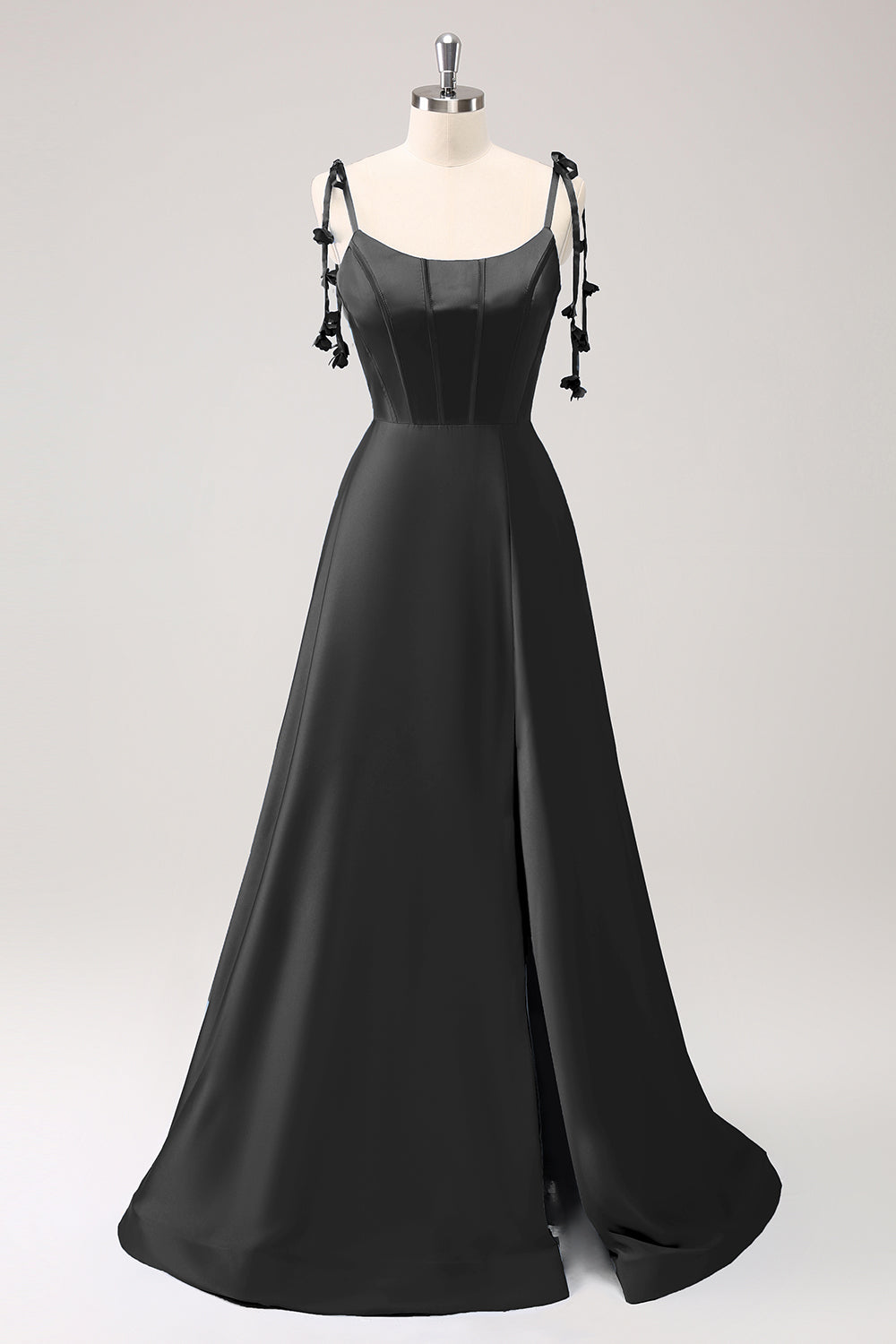 Blue A Line Spaghetti Straps Satin Bridesmaid Dress with Slit