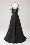 Blue A Line Spaghetti Straps Satin Bridesmaid Dress with Slit