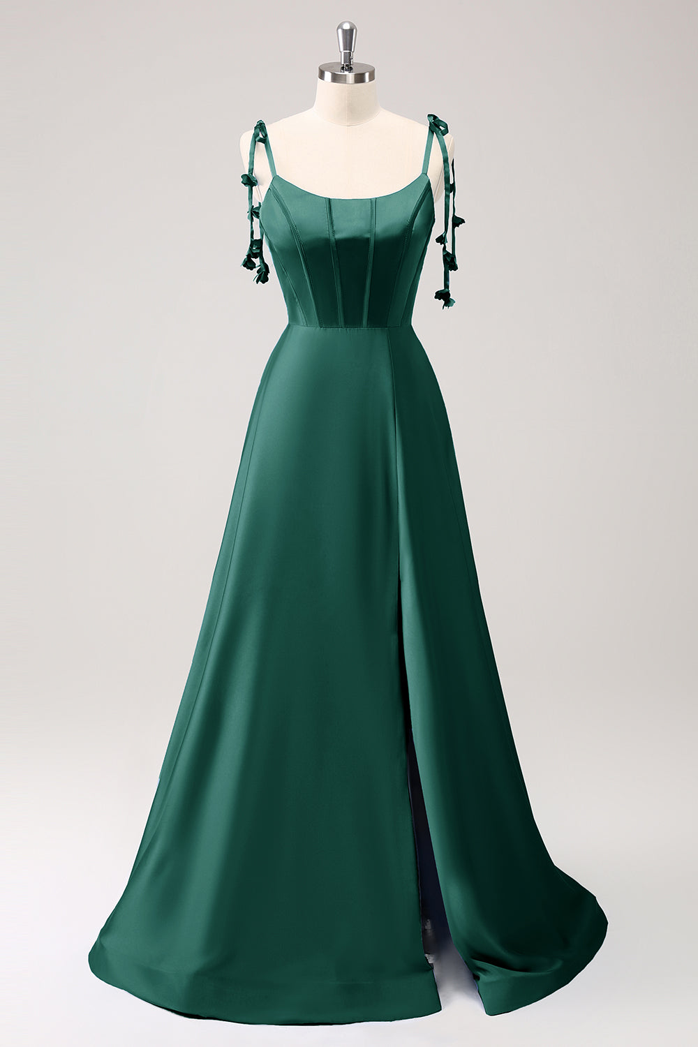 Blue A Line Spaghetti Straps Satin Bridesmaid Dress with Slit