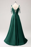 Blue A Line Spaghetti Straps Satin Bridesmaid Dress with Slit