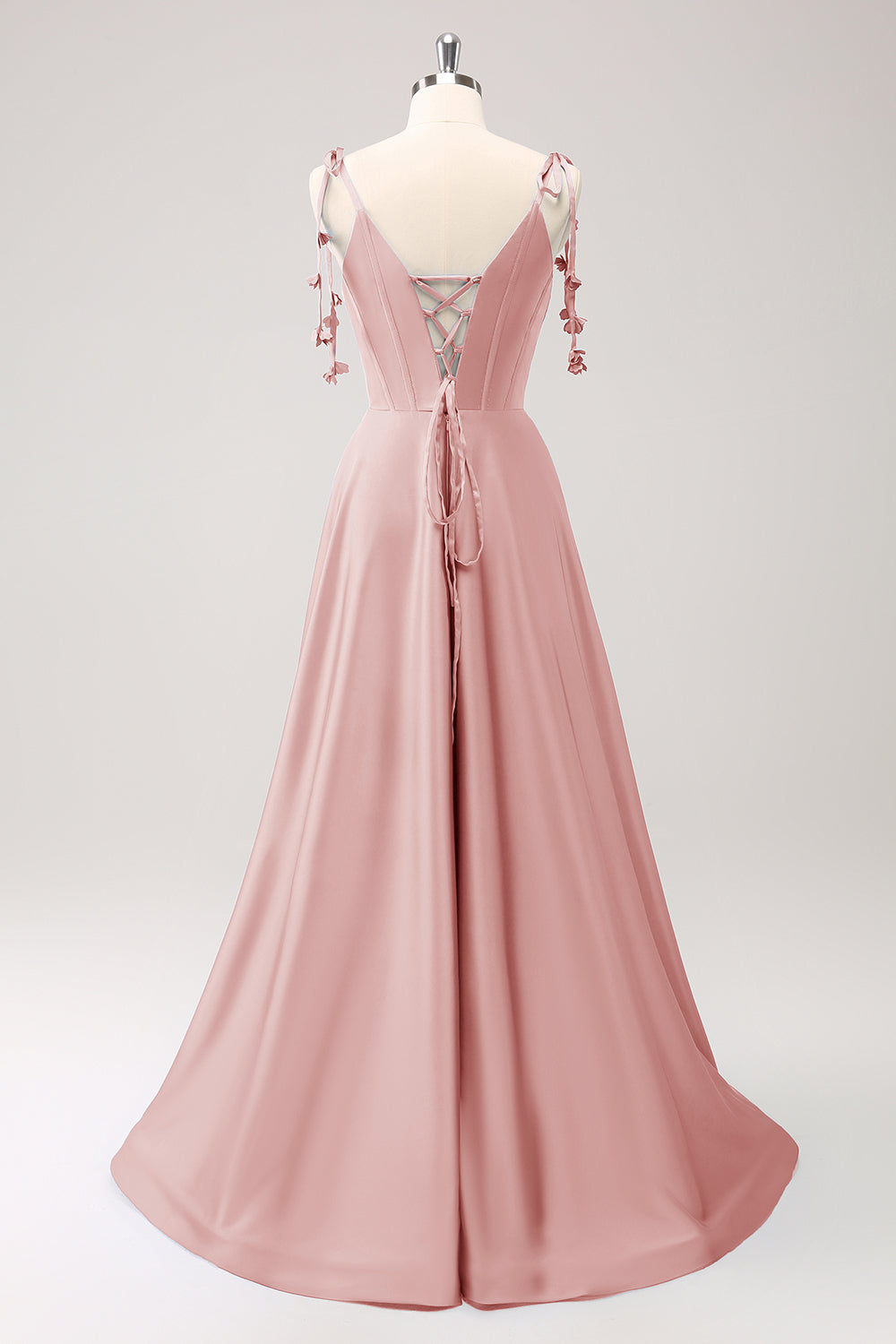 Blue A Line Spaghetti Straps Satin Bridesmaid Dress with Slit