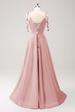 Blue A Line Spaghetti Straps Satin Bridesmaid Dress with Slit