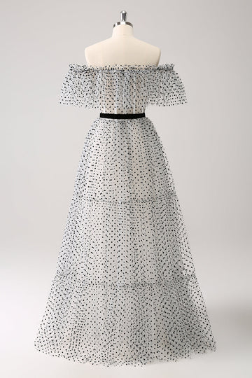 White Black A-Line Dot Off-the-Shoulder Formal Dress