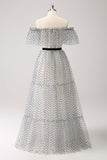 White Black A-Line Dot Off-the-Shoulder Formal Dress