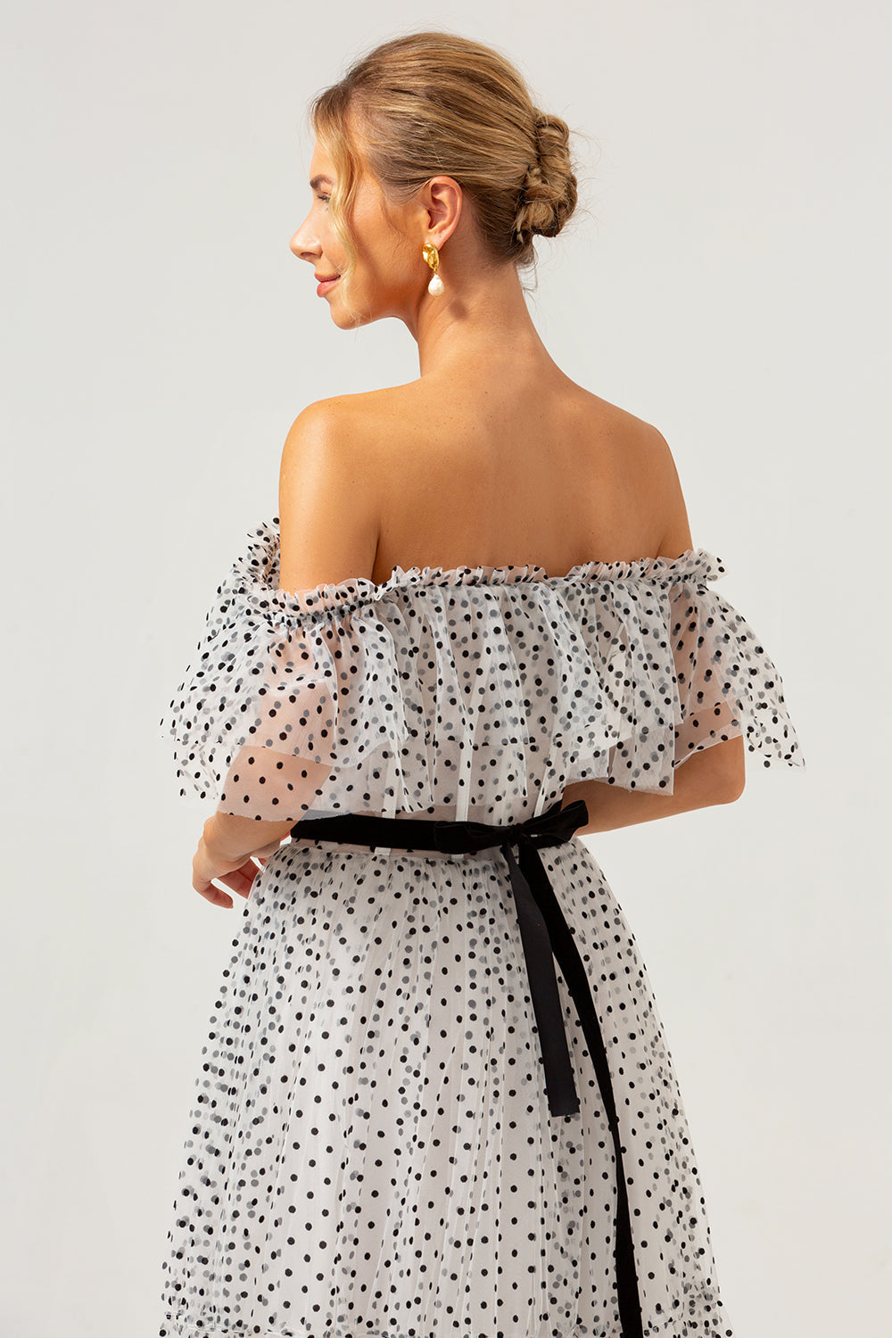 White Black A-Line Off The Shoulder Long Formal Dress with Dot