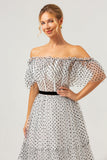 White Black A-Line Off The Shoulder Long Formal Dress with Dot