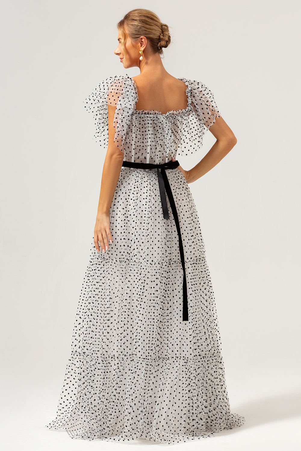 White Black A-Line Off The Shoulder Long Formal Dress with Dot