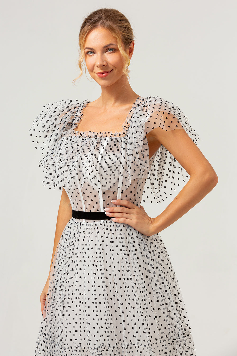 White Black A-Line Off The Shoulder Long Formal Dress with Dot