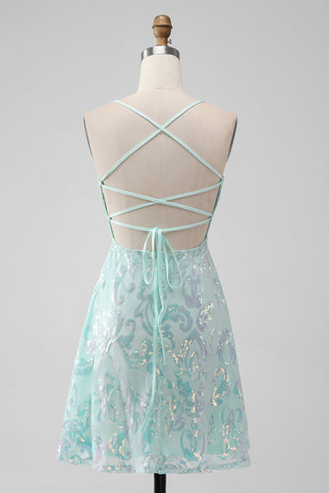 Mint A Line Sequins Short Cocktail Dress with Lace-up Back