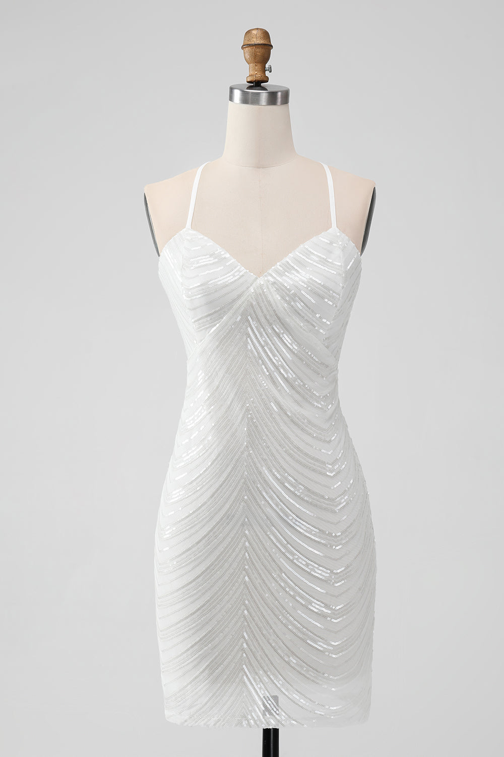 White Sequins Bodycon Short Cocktail Dress with Criss Cross Back