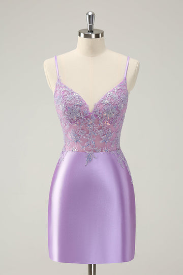 Sparkly Bodycon Lilac Spaghetti Straps Cocktail Dress with Sequins