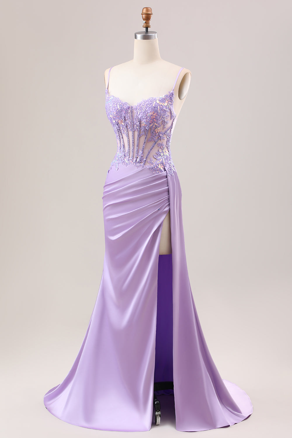 Stylish Lilac Mermaid Pleated Sequin Corset Long Formal Dress With Slit