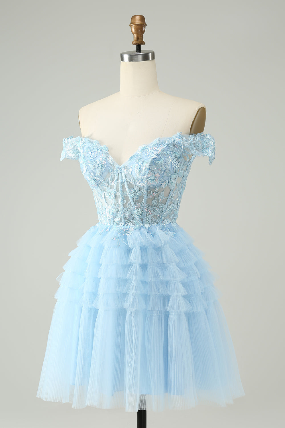 Light Blue A Line Off The Shoulder Corset Short Cocktail Dress