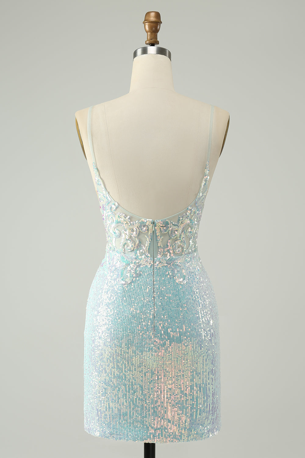 Sparkly Light Blue Spaghetti Straps Tight Short Cocktail Dress with Slit