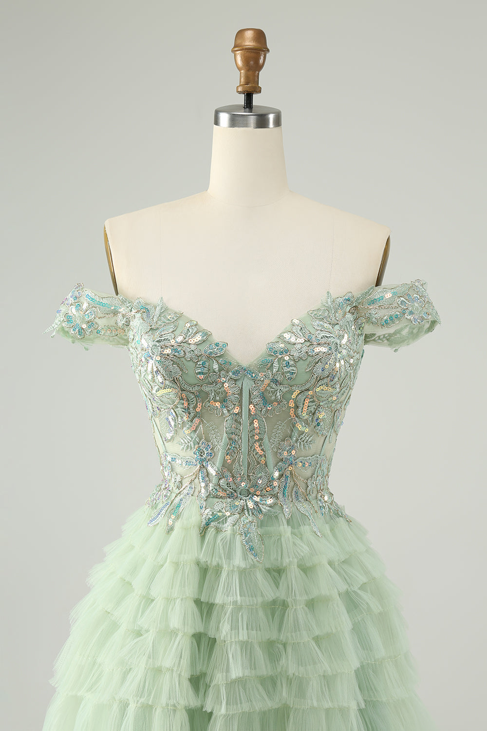 Sparkly Light Green A Line Off The Shoulder Corset Tulle Cocktail Dress