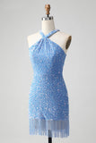Sparkly Lilac Bodycon Halter Tassel Cocktail Dress with Sequins