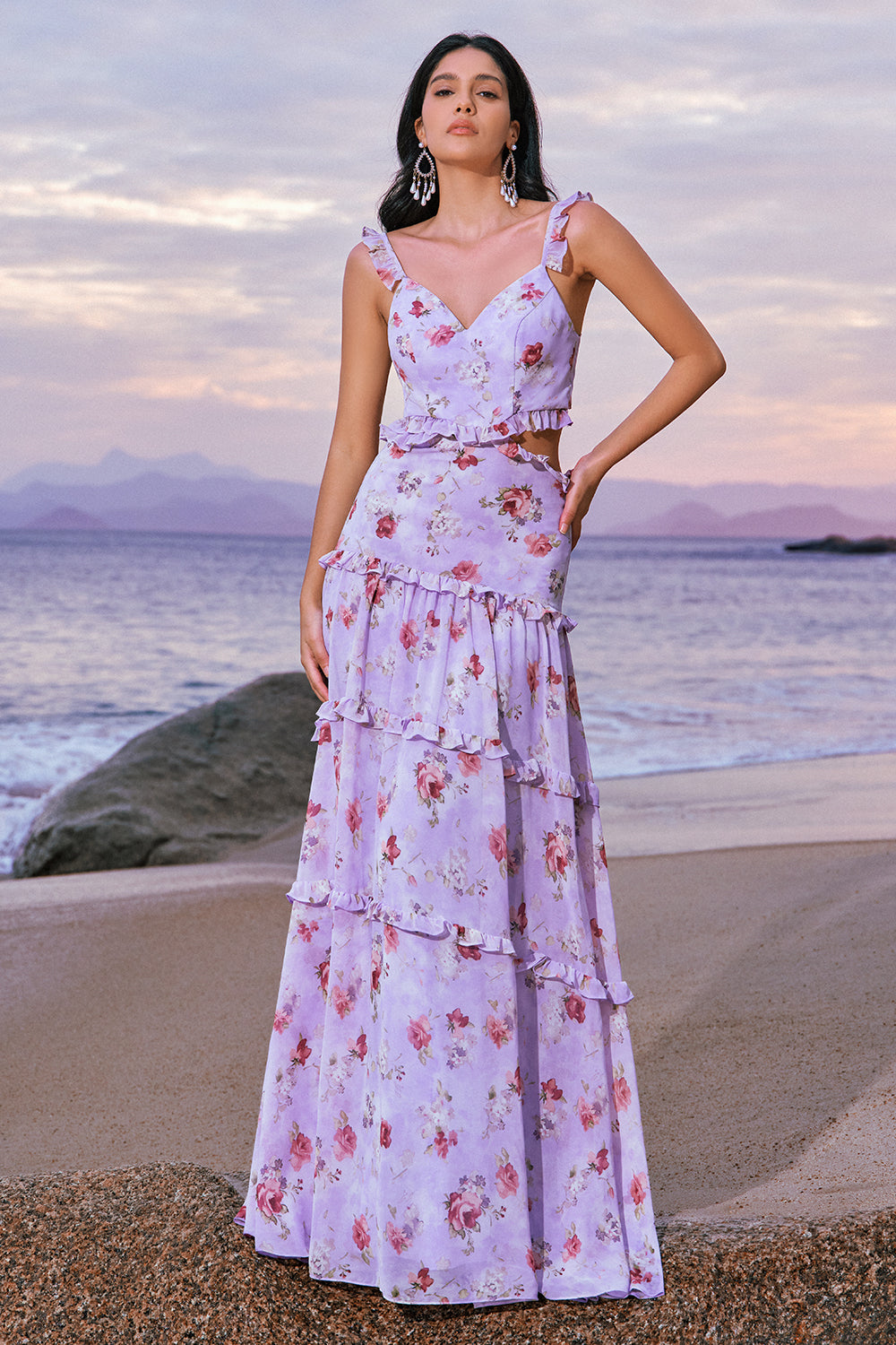 Off the Shoulder Purple Floral A-Line Chiffon Bridesmaid Dress