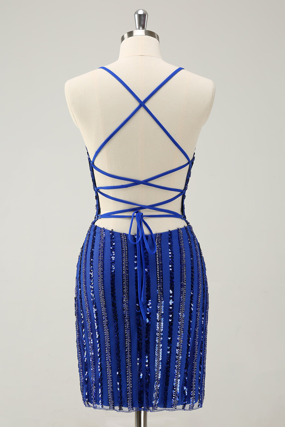 Sparkly Royal Blue Tight Sequined Spaghetti Straps Cocktail Dress