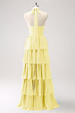 Fuchsia Halter Tiered Chiffon Long Bridesmaid Dress with Flower