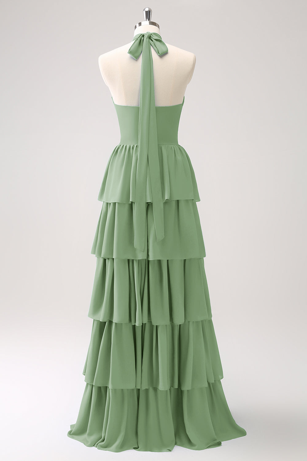 Fuchsia Halter Tiered Chiffon Long Bridesmaid Dress with Flower