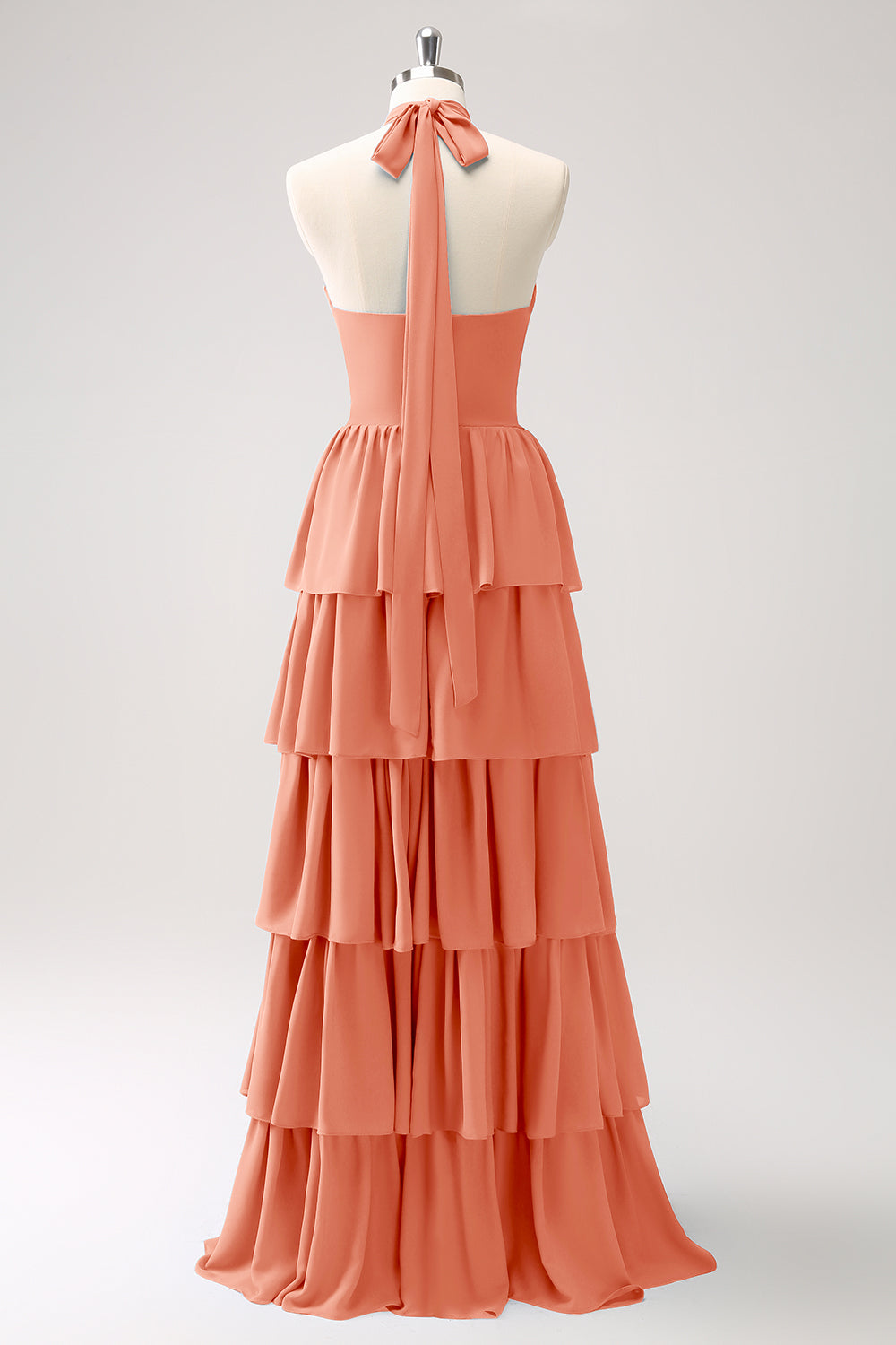 Halter Red Tiered Chiffon Long Bridesmaid Dress with Flower