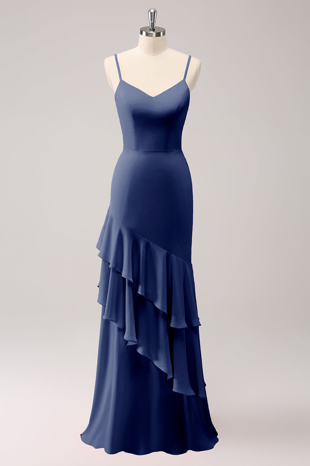 Dusty Blue Mermaid Spaghetti Straps Chiffon Bridesmaid Dress with Ruffles