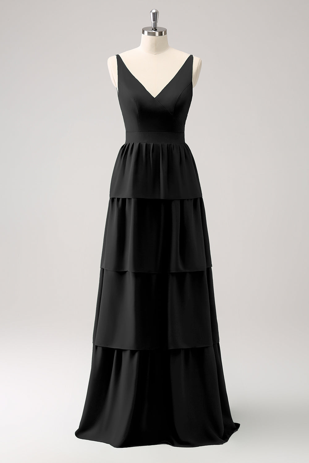 Dusty Sage A-Line V-Neck Tiered Long Bridesmaid Dress