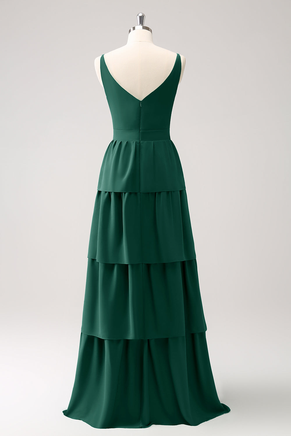 Dusty Sage A-Line V-Neck Tiered Long Bridesmaid Dress