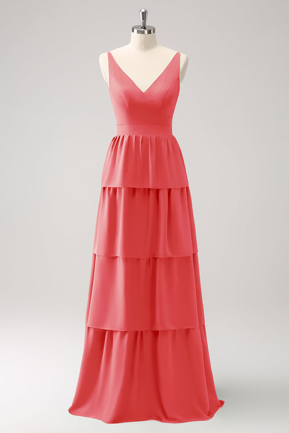 Dusty Sage A-Line V-Neck Tiered Long Bridesmaid Dress