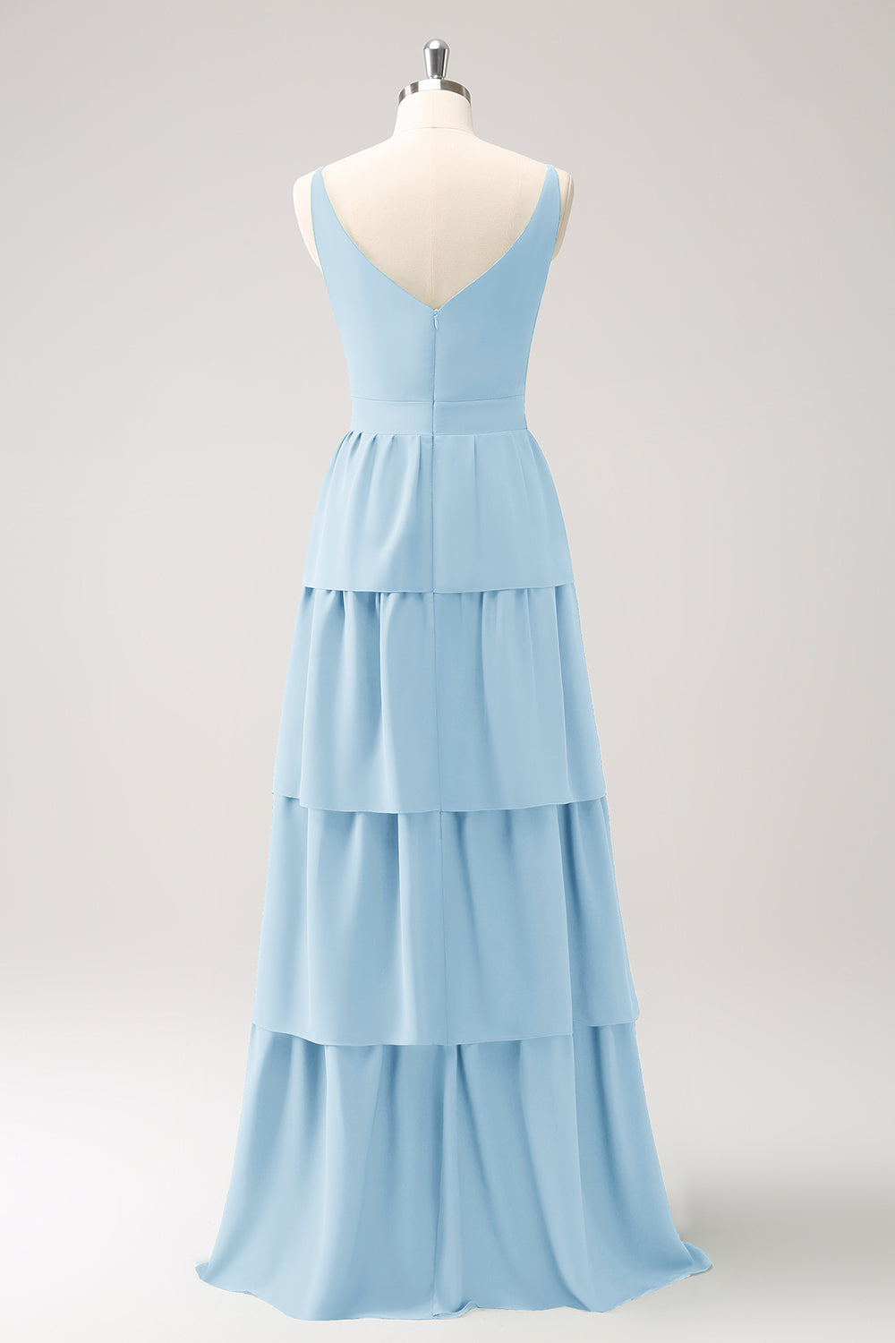 A-Line Rust V-Neck Tiered Long Bridesmaid Dress