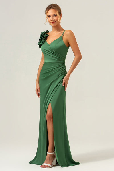 One Shoulder Olive Green Velvet Long Bridesmaid Dress With Pleated main image 1