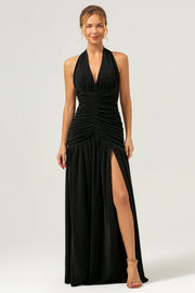 Black Mermaid Halter Pleated Backless Long Bridesmaid Dress
