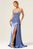 Sparkly Blue Mermaid Spaghetti Straps Corset Formal Dress with Lace-Up Back