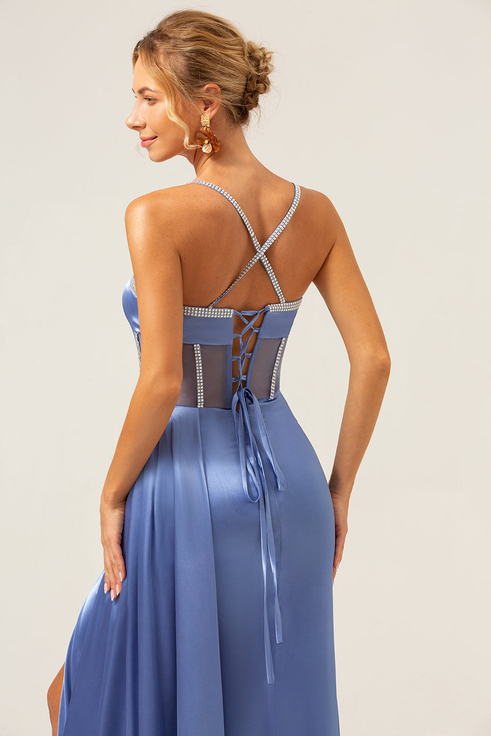 Sparkly Blue Mermaid Spaghetti Straps Corset Formal Dress with Lace-Up Back