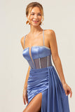 Sparkly Blue Mermaid Spaghetti Straps Corset Formal Dress with Lace-Up Back