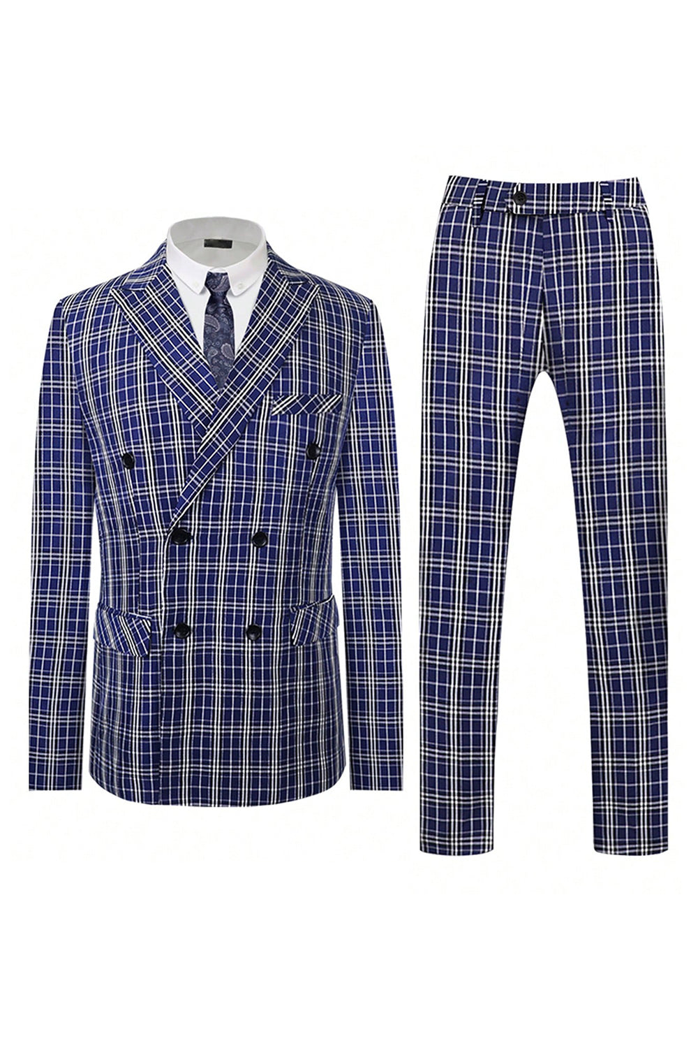 Royal Blue Plaid Peak Lapel Double Breasted 2 Piece Men's Suits