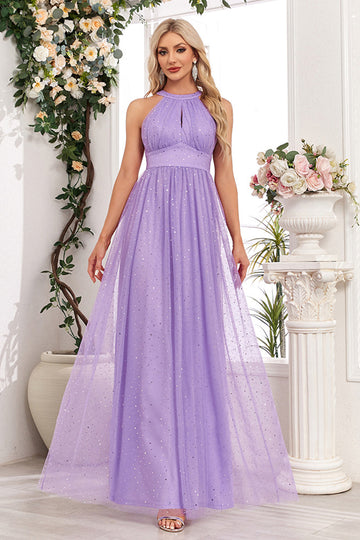 Sparkly Purple A Line Halter Long Formal Dress