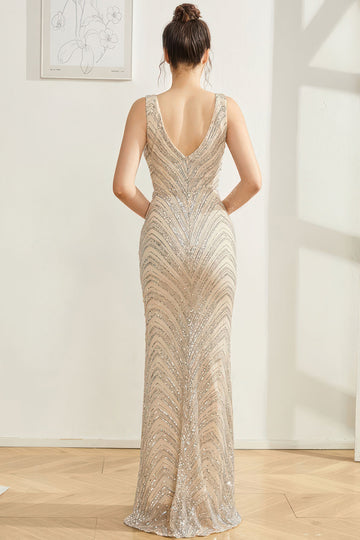 Sparkly Silver Mermaid V Neck Long Formal Dress