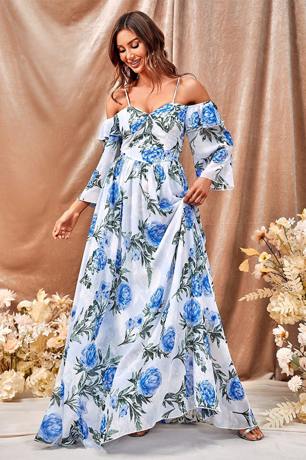 White Blue Flower A Line Long Formal Dress with Ruffled Sleeves