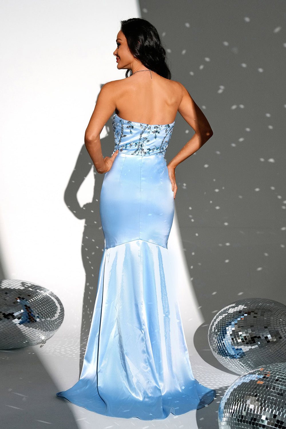 Sparkly Blue Strapless Mermaid Sequined Long Formal Dress with Slit