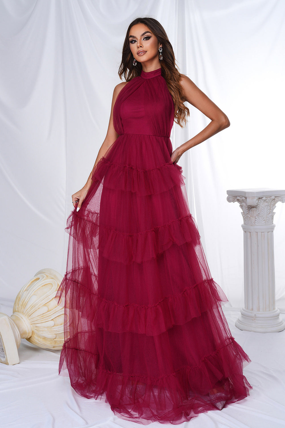 Burgundy A Line Halter Tiered Tulle Long Formal Dress