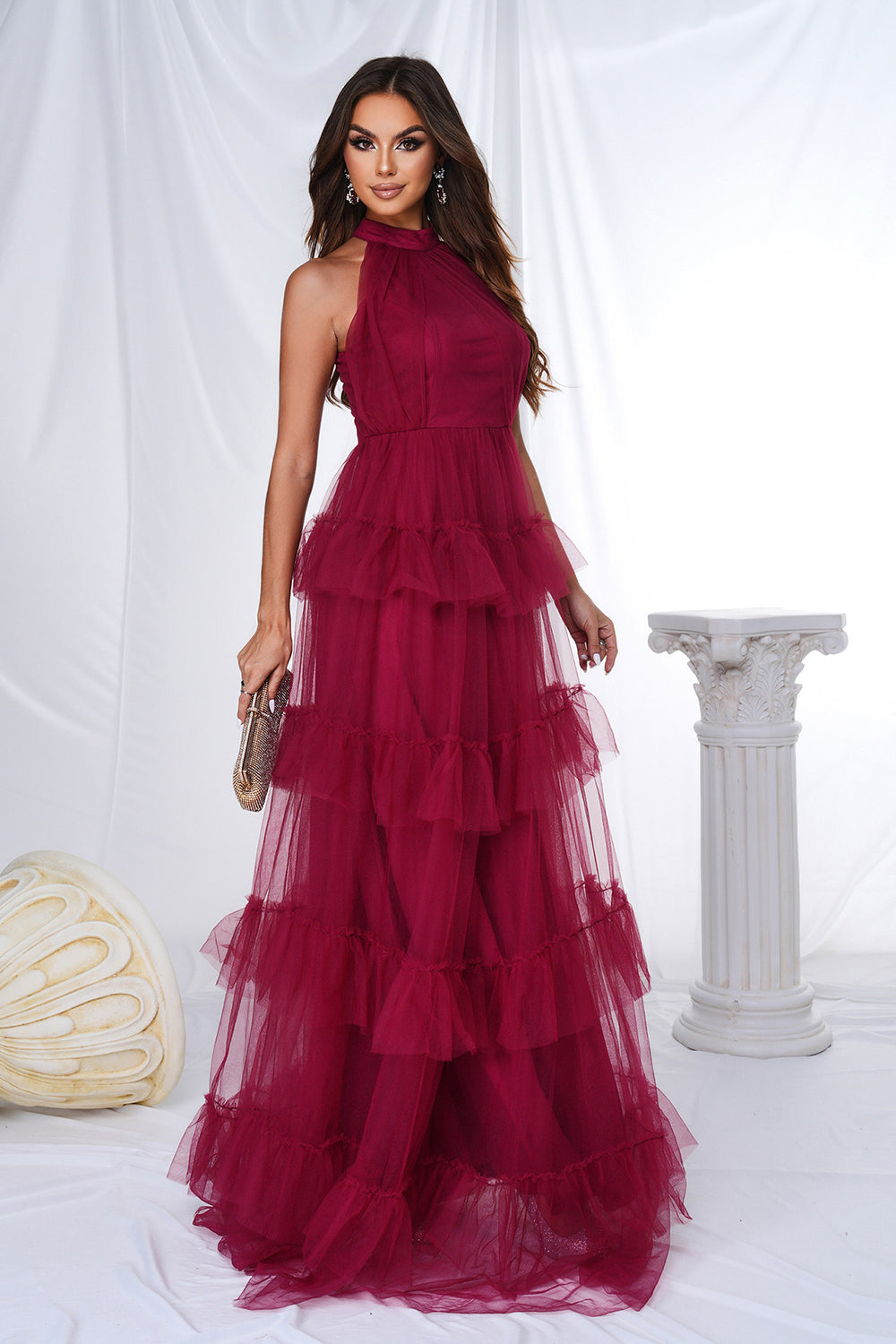 Burgundy A Line Halter Tiered Tulle Long Formal Dress