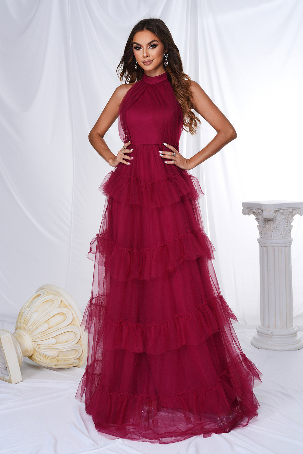 Burgundy A Line Halter Tiered Tulle Long Formal Dress